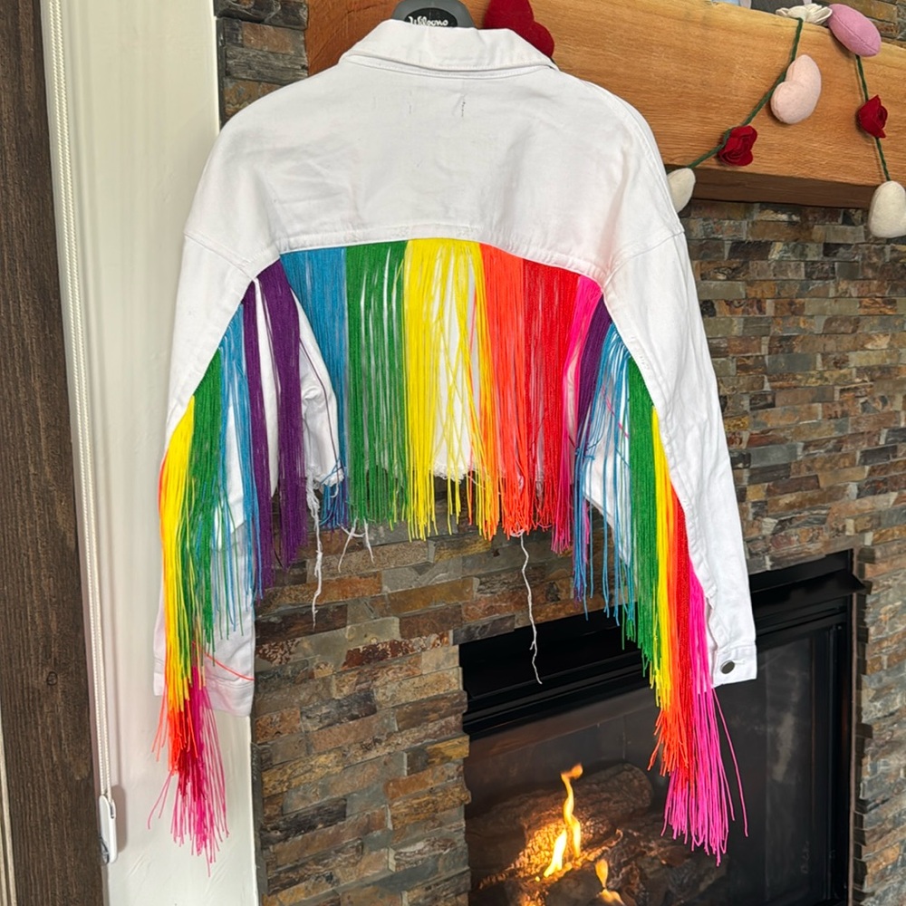 White Jean Jacket with Rainbow Fringe